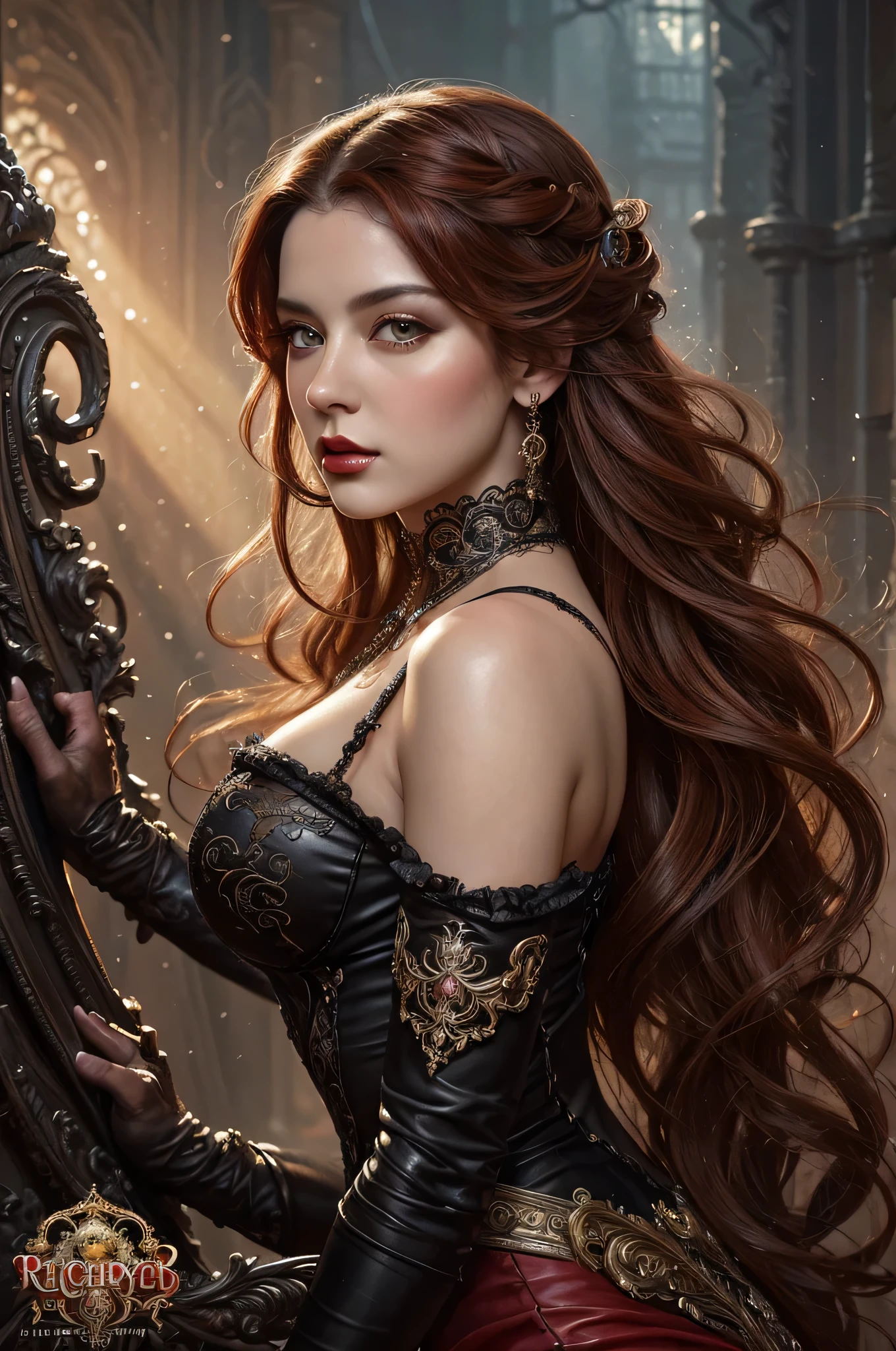Neo-Baroque, victorian era hungarian woman 19th century woman, chestnut hair, Red lips, Cute Features, Vadim Kashin, James Gurney, inking, splash art", wonderful beauty, Royo, Back, Hyper-detailed splash art, pintura moderna em inking europeia ornamentada e elaborada, dynamic, Neo-Baroque