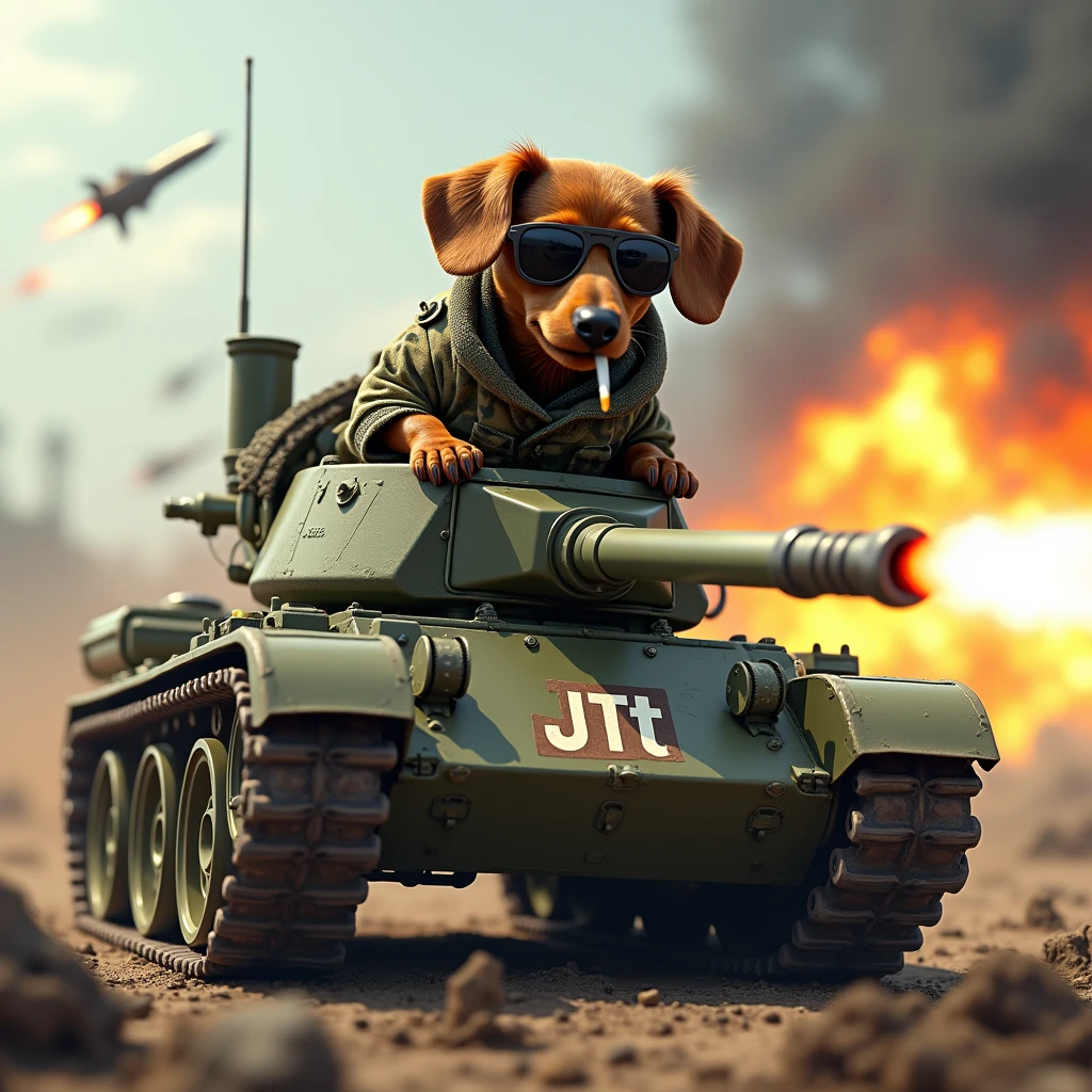 Miniature Dachshund Long coat、Tank Ride、Wearing camouflage clothing、sunglasses、Tank firing a cannon、A battlefield filled with missiles、explosion、The tank has "JTt" written on it、Smoking a cigarette