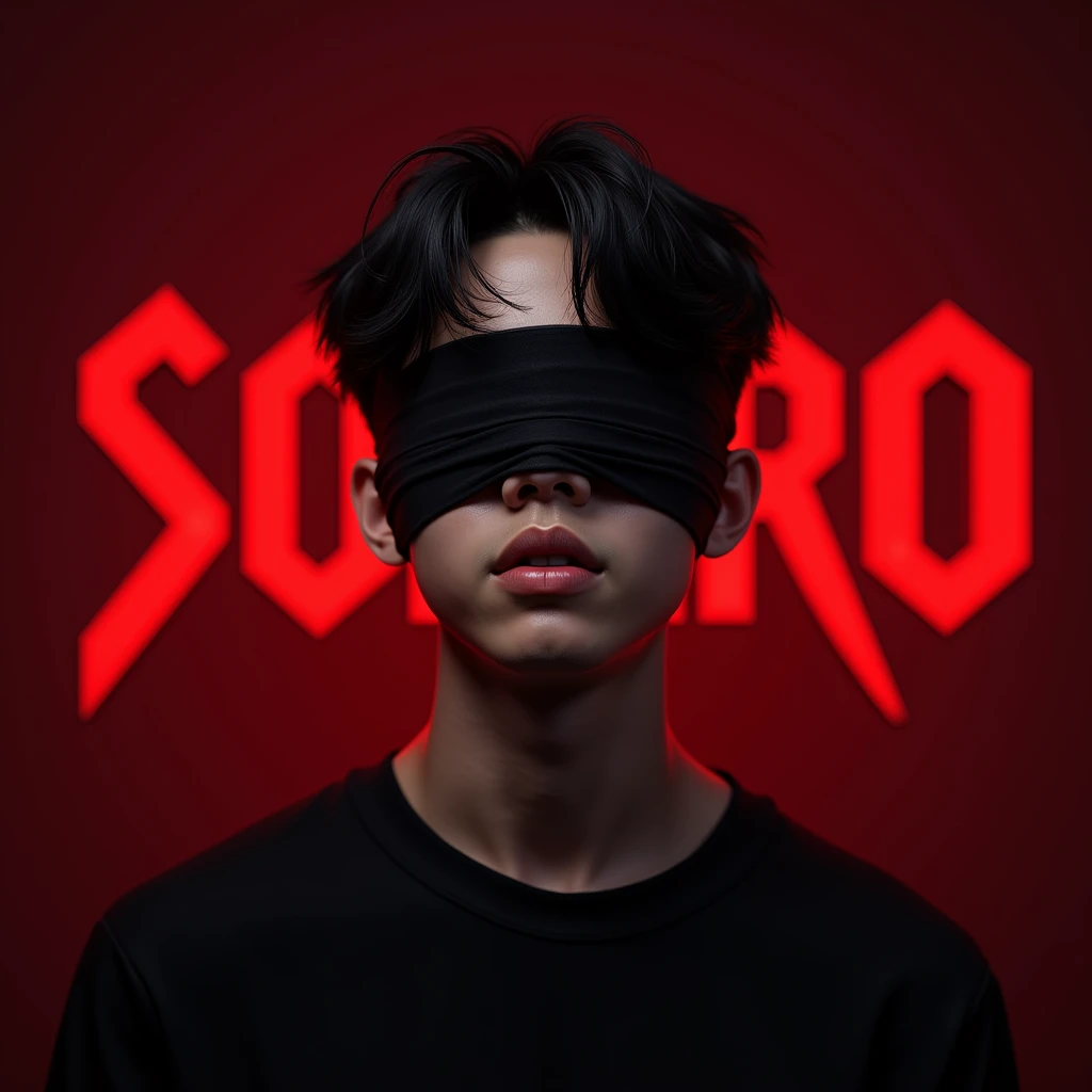 (photorealism:1.2),A Young Men A young Men with a Korean-like hairstyle with  a cloth over his eyes and his background being Text The Bloods Like a Name 'Sotero Gaming, dark red 8k Realistic