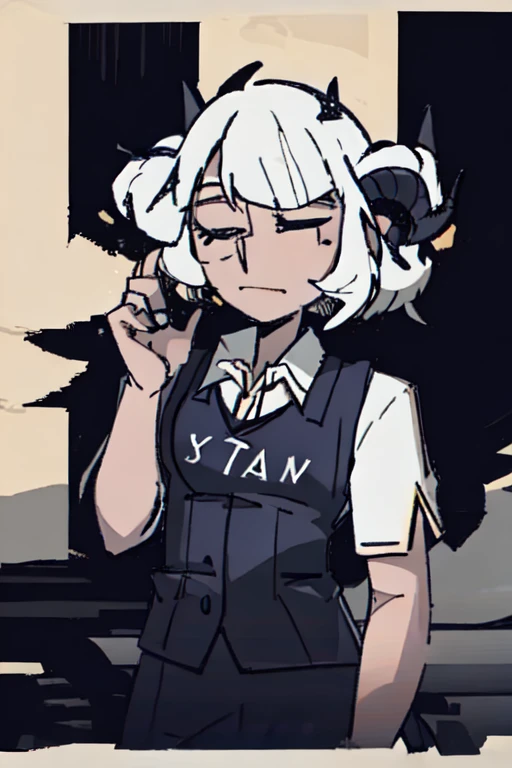 child, navy blue vest, lamb horns
