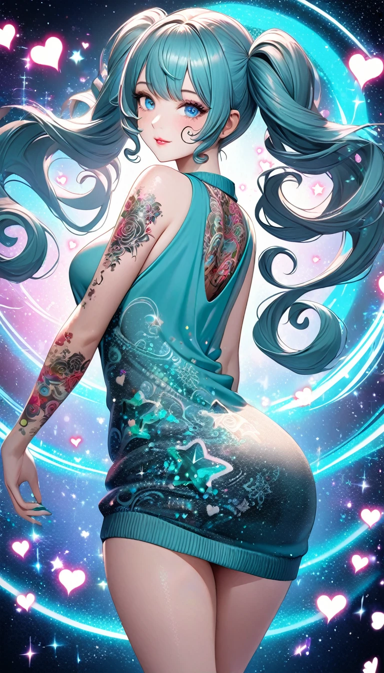 looking back, cool beauty, fluffy spiral curl twin tails, blue eyes, attractive and seductive face, make-up, covered in tattoos, wearing loose baggy knit dress, superlative body proportion, background Tiffany Blue, notes effects, star effects, heart effects, glitter effects, 2.5D, delicate and dynamic, graphic CG digital art
