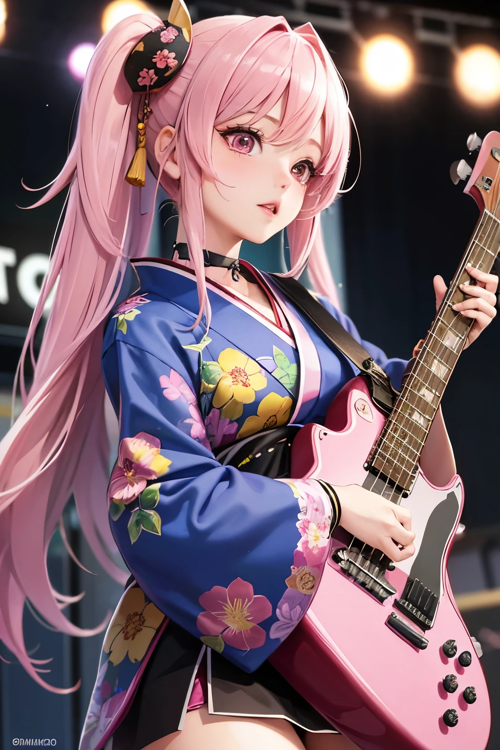 masterpiece, best quality, very detailed, high resolution, expensive resolution, high resolution, 4K, 8k, Unity 8k wallpaper, highly detailed CG, masterpiece, 2D, 3D, beautiful details, depth, fine texture, best quality: 1.3, perfect focus, crispy skin, he,
Very cute anime girl, girl playing baseguitar vocals in a band wearing a Japanese fancy floral haori hakama, on outdoor stage, full body, expensive pink twin tail hair, mole under eye, looking at the viewer, expensive, blush, mole, lips open, , heart choker, pink eyes, guitar vocals, stage,Full body of an anime girl with pink twin-tailed hair wearing a Japanese kimono and playing a bass guitar on stage at a cyberpunk festival