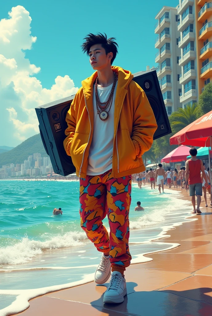 A asian guy wearing hippop oversized clothes and taking large music speaker walking on the street in the seaside 