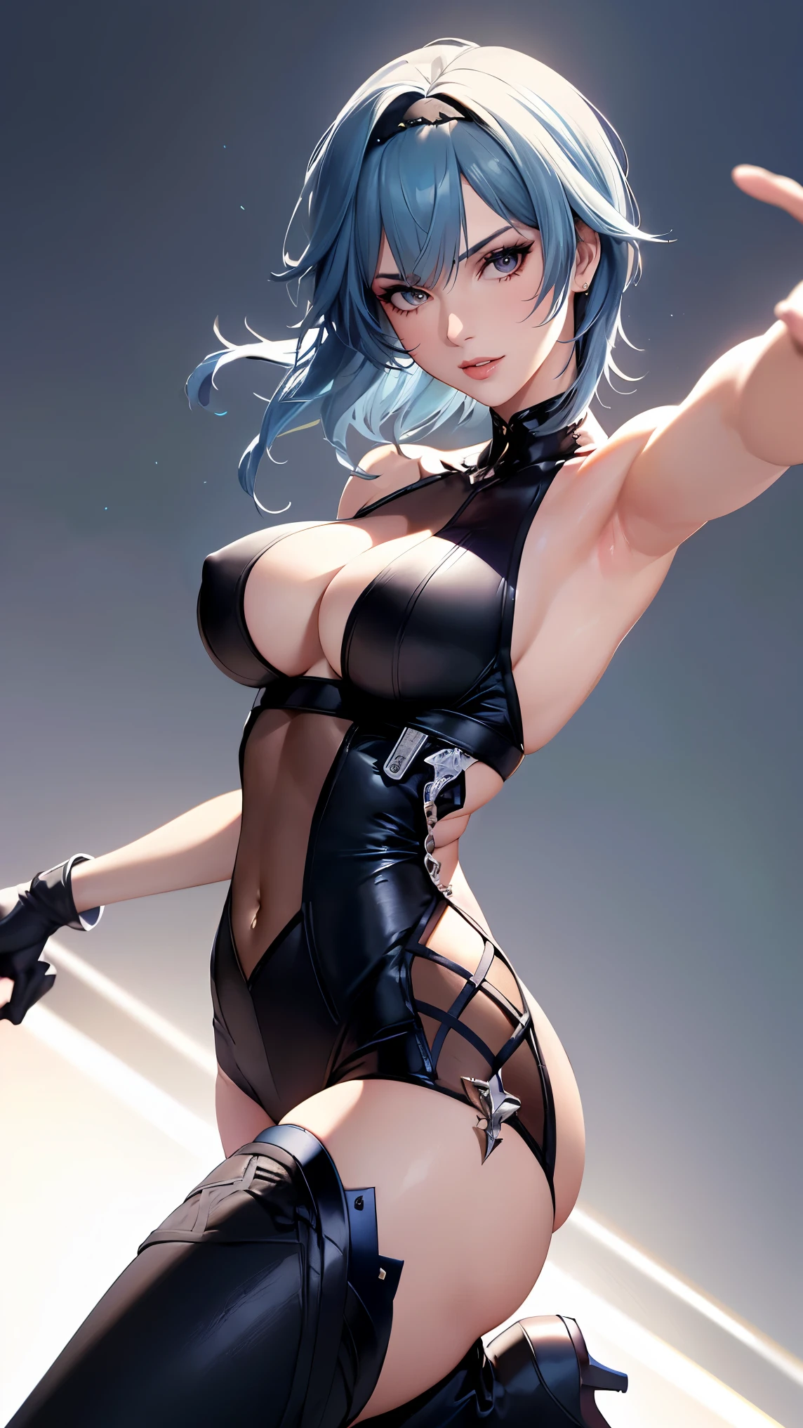8K, Top Quality,, Ultra Detail, Ultra High Resolution, Masterpiece, selfie, selfie shot (), ((close up shot, face shot, close up shot, portrait, face shot, passport shot, very close up shot, )), (full body: 1.1), Slender, Smile, (Makeup: 0.4), ((sexy pose,)), (Fluffy blue Eyes: 1.21), (()), 1girl, solo, 1 girl, ((bangs, blue hair, bangs, , bangs )), close up shot, , ((tall)), (((fit body))), (((slim face))), sharp face, ((, wind blow hair, )),skin tight suits, ((,bare shoulder, skin tight suits,) ,skin tight suits, (detailed face), sharp face, small lips, perfect hands, ((walking pose, walk pose)) , ((, ,)), , ((cleavage, ,)),, detailed face, detailed breast,, , (()), detail ass, Narrow Waist, Skinny, tall , 175 cm tall, Muscular, Navel, Exposed Abdomen, Pointed Chest,, Beautiful girl with accentuated slender abs: 1.4, Six Pack Abs: 1.4, Bust Botox, Big, Perfect Body, detail leg, (( dark background)), black background,