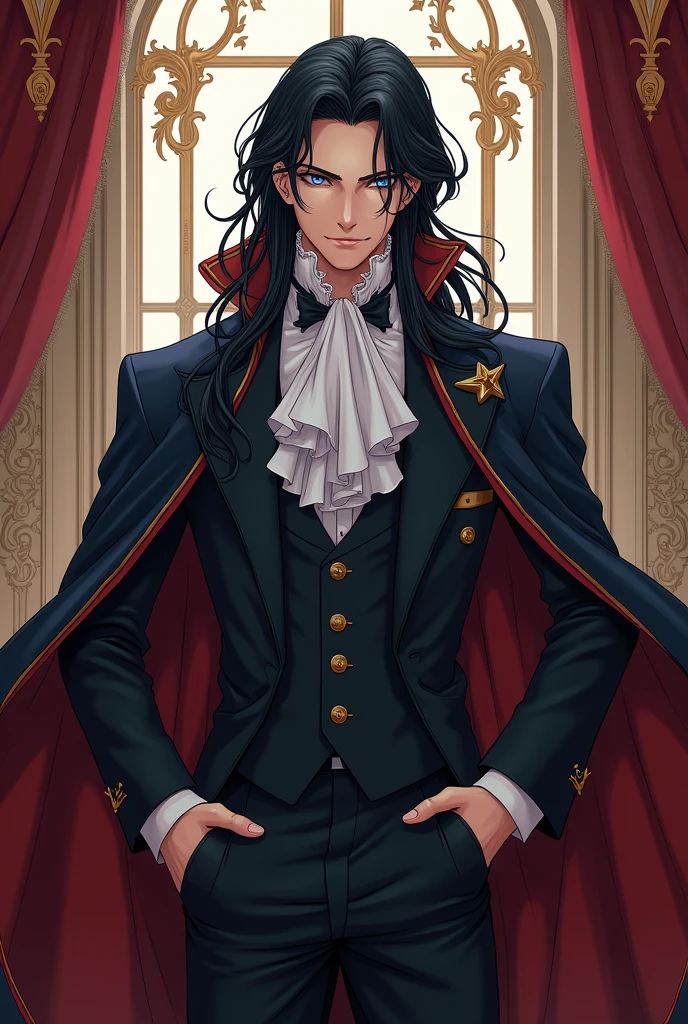 Anime Arrogant Prince with long black hair and blue eyes. The Victorian era.
