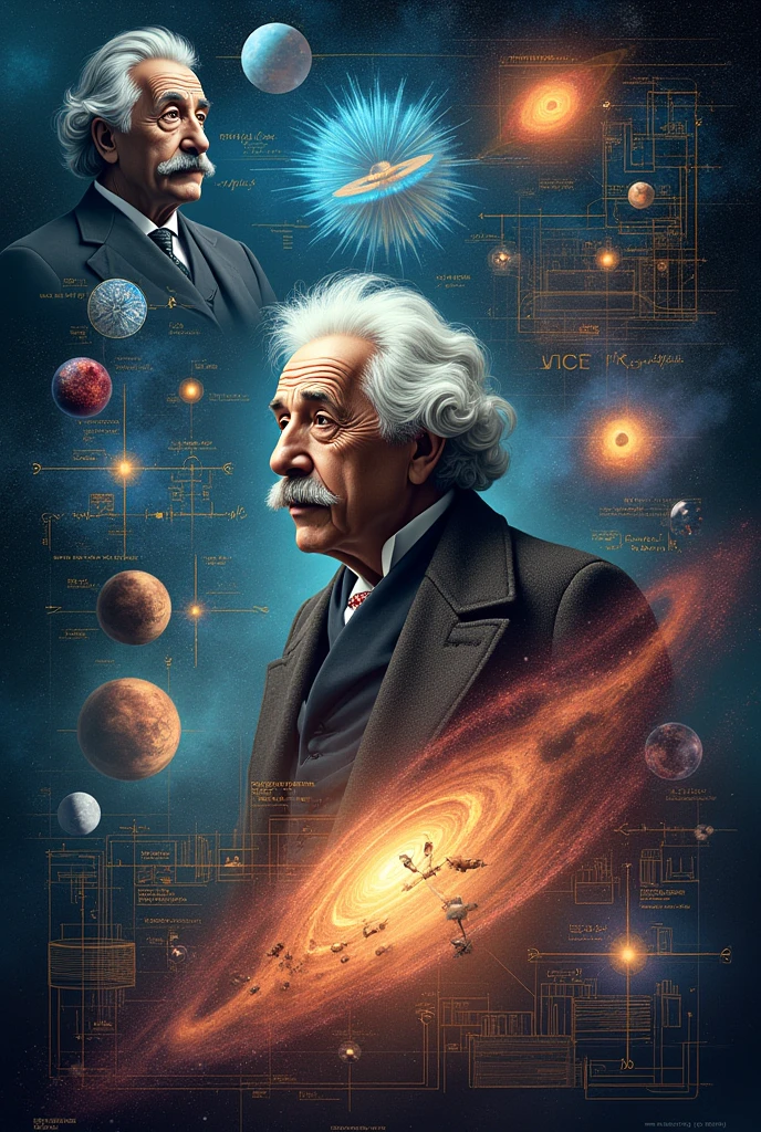 several images: An atomic model, Einstein with the formula E=mc^2, Rutherford&#39;s atomic nucleus, quantum mechanics diagrams, Hubble observing galaxies and NASA&#39;s COBE mission with cosmic data.