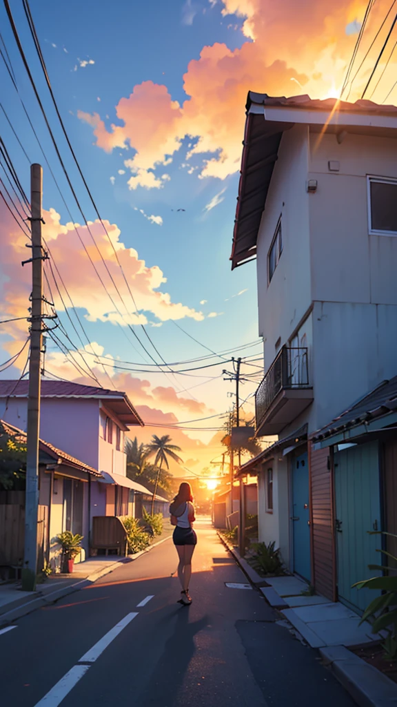 A Young Sexy Woman Standing On Road Digital illustration depicting a vibrant sunset scene in a tropical setting. The layout features a street lined with palm trees and small houses with tiled roofs on the left side. A classic red car is parked on the street, facing away from the viewer, with its license plate visible. The sky is ablaze with shades of orange, red, and purple, casting a warm glow over the entire scene. Power lines stretch across the sky, The overall atmosphere is serene and nostalgic, capturing the beauty of a tropical sunset. The artist's signature is present in the bottom right corner.