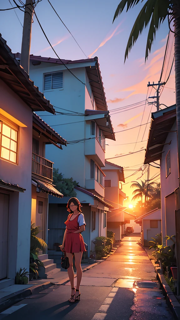 A Young Sexy Woman Standing On Road Digital illustration depicting a vibrant sunset scene in a tropical setting. The layout features a street lined with palm trees and small houses with tiled roofs on the left side. A classic red car is parked on the street, facing away from the viewer, with its license plate visible. The sky is ablaze with shades of orange, red, and purple, casting a warm glow over the entire scene. Power lines stretch across the sky, The overall atmosphere is serene and nostalgic, capturing the beauty of a tropical sunset. The artist's signature is present in the bottom right corner.
