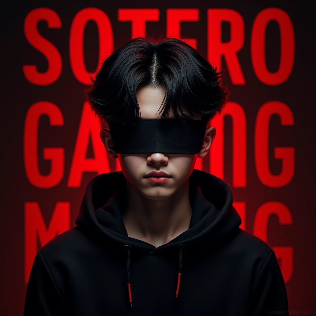 (photorealism:1.2),A Young Men A young Men with a Korean-like hairstyle with a cloth over his eyes and his background being Text The Bloods Like a Name 'Sotero Gaming, dark red 8k Realistic