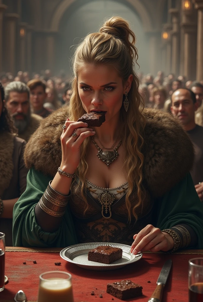 viking woman, happy, in a feast,eating brownie on small aluminum tray .