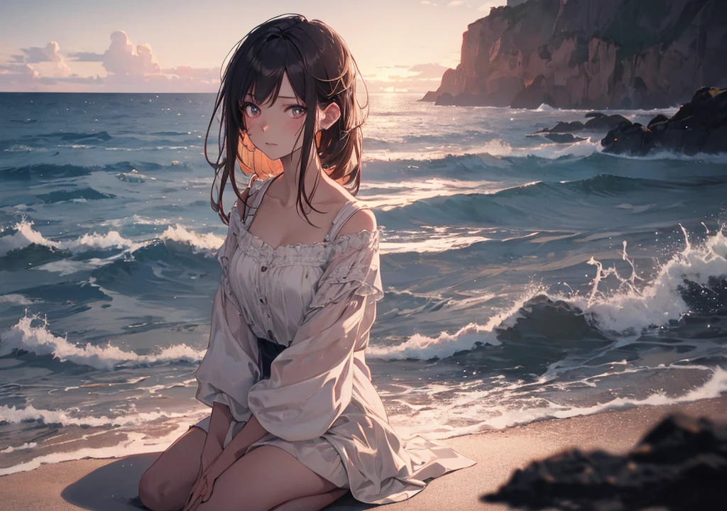 Realistic photos, Focus distance 10mm, Red and white, Beautiful girl, Realistic photos, Shooting at focus distance 10mm, masterpiece, 最high quality, high quality, Very detailed CG 8k wallpaper unit, Award-winning photography, Depth of written boundary, High resolution, bloom, chromatic aberration, Realistic, Very detailed, Art Station Trends, CGsociety Trends, Complex, High detail, dramatic, Art on the go, volumetric lighting, A beautiful girl in the style of a Disney princess is meditating on a quiet beach, her expression relaxed as she listens to the sound of the waves, sitting on the soft sand and engrossed in meditation, with the calm sea in the background