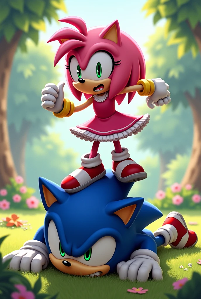 Amy Rose stepping on Sonic the Hedgehog's face