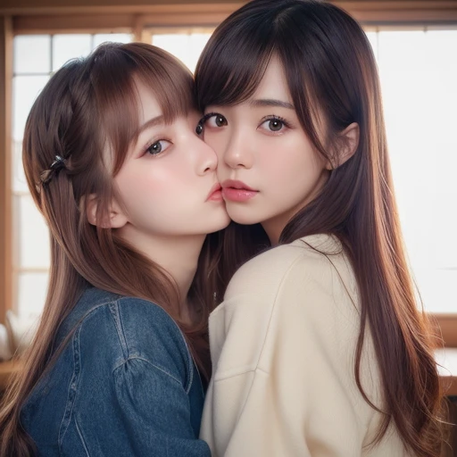 (Highest quality、4K、8k、High resolution、masterpiece:1.2)、Very detailed、(Real、Photorealistic、Photorealistic:1.37)、(japanese two girls)、 kiss and hugging 、(hair style:Random)、(hair color:Random)