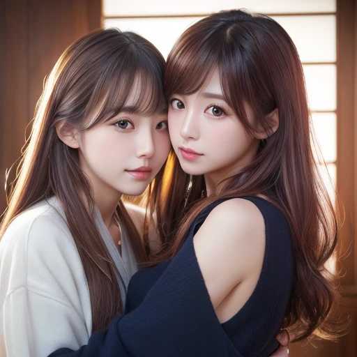(Highest quality、4K、8k、High resolution、masterpiece:1.2)、Very detailed、(Real、Photorealistic、Photorealistic:1.37)、(japanese two girls)、 kiss and hugging 、(hair style:Random)、(hair color:Random)
