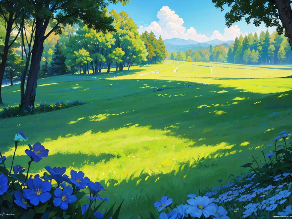In a vibrant, anime-style fantasy world, the scene opens to an expansive, emerald-green meadow that seems to stretch endlessly under a brilliant, clear sky. The grass sways gently in the breeze, its rich hues of green reflecting the sunlight, creating a sense of life and abundance. Dotted with wildflowers and small, sparkling streams, the landscape is both peaceful and full of natural beauty. As your eyes follow the rolling hills, they lead to the horizon where, in the far distance, the silhouette of a magnificent city comes into view. The city is perched on the edge of the horizon, its towering spires and grand architecture barely visible but still imposing, hinting at a world full of magic, adventure, and mystery waiting to be explored.