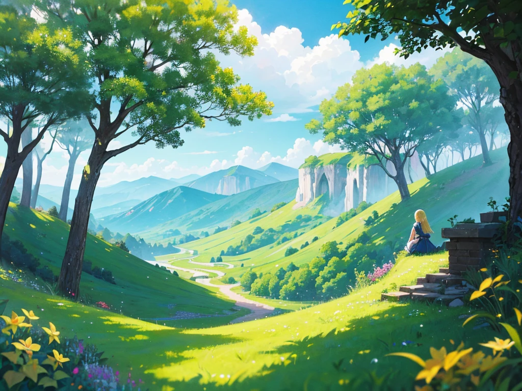 In a vibrant, anime-style fantasy world, the scene opens to an expansive, emerald-green meadow that seems to stretch endlessly under a brilliant, clear sky. The grass sways gently in the breeze, its rich hues of green reflecting the sunlight, creating a sense of life and abundance. Dotted with wildflowers and small, sparkling streams, the landscape is both peaceful and full of natural beauty. As your eyes follow the rolling hills, they lead to the horizon where, in the far distance, the silhouette of a magnificent city comes into view. The city is perched on the edge of the horizon, its towering spires and grand architecture barely visible but still imposing, hinting at a world full of magic, adventure, and mystery waiting to be explored.