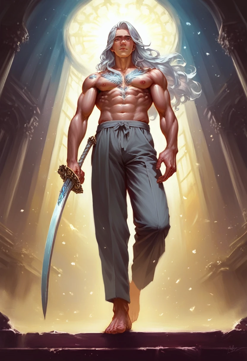 8k, sophisticated, elegant, highly detailed, majestic, digital photography, surreal painting, magic, magic, fairy tale, (Masterpiece, side light), hdr, (Bright blue eyes), Naked upper body, (shiny tattoo), Handsome adult man, long beautiful straight platinum hair below the shoulders, athletic body, beautiful proportioned male figure, tanned skin, Handsome, in front of the camera - just a masterpiece. realistic. a full-length image. Long hair below the shoulders. grey clothes. He holds a large silver sword in his hands. a well-proportioned male body