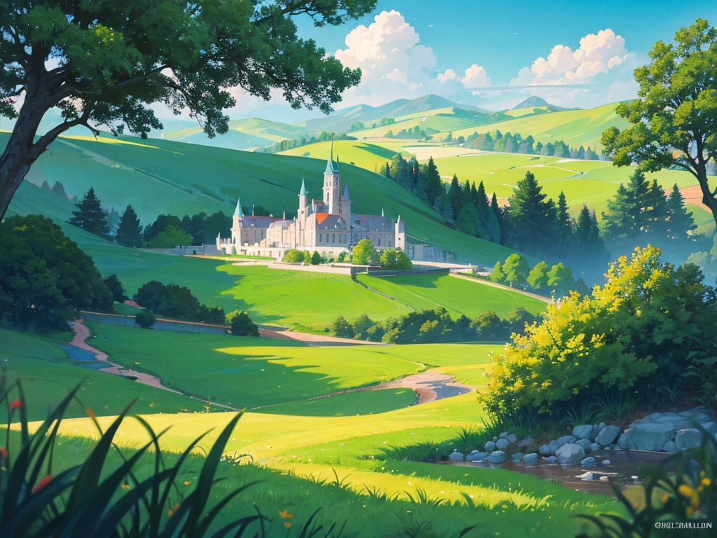 In a vibrant, anime-style fantasy world, the scene opens to an expansive, emerald-green meadow that seems to stretch endlessly under a brilliant, clear sky. The grass sways gently in the breeze, its rich hues of green reflecting the sunlight, creating a sense of life and abundance. Dotted with wildflowers and small, sparkling streams, the landscape is both peaceful and full of natural beauty. As your eyes follow the rolling hills, they lead to the horizon where, in the far distance, the silhouette of a magnificent city comes into view. The city is perched on the edge of the horizon, its towering spires and grand architecture barely visible but still imposing, hinting at a world full of magic, adventure, and mystery waiting to be explored.