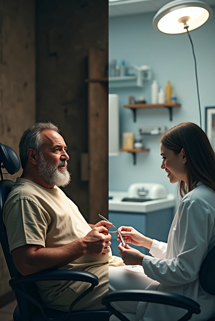 generate a realistic image where you compare ancient and modern dentistry, includes details showing that dentistry was not as conversational as it is today