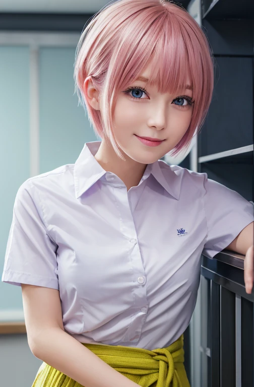 Highest quality, 8k, Ultra-detailed, Photorealistic, ichikanakano, Nakano Ichika, short hair, bangs, blue eyes, Hair between the eyes, Pink Hair, Shirt Formal, school uniform, Short sleeve, socks, (White shirt:1.3), Green pleated skirt, Black jacket, loafers, wrap the yellow sweater around your waist, Highest quality, High resolution, unity 8k wallpaper, (Beautiful attention to detail:1.4), Highly detailed face, Perfect lighting, (Perfect hands, Perfect Anatomy), Extreme close up, School classroom background, The best smile, Hunchback, The Face of Japan, 