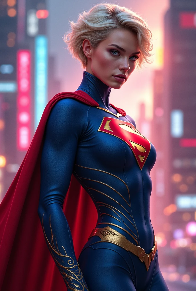 Have a Supergirl but as a MALE but with feminine features and short hair that looks like an androgynous form and with a more original costume that does not look like Superman's without breasts