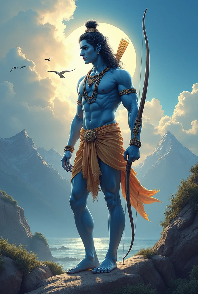 Bhagvan shree ram ji ,fit blue color body,small black hair , in planet,one hand bow and arrow , background God light, phone mountain flight in sky