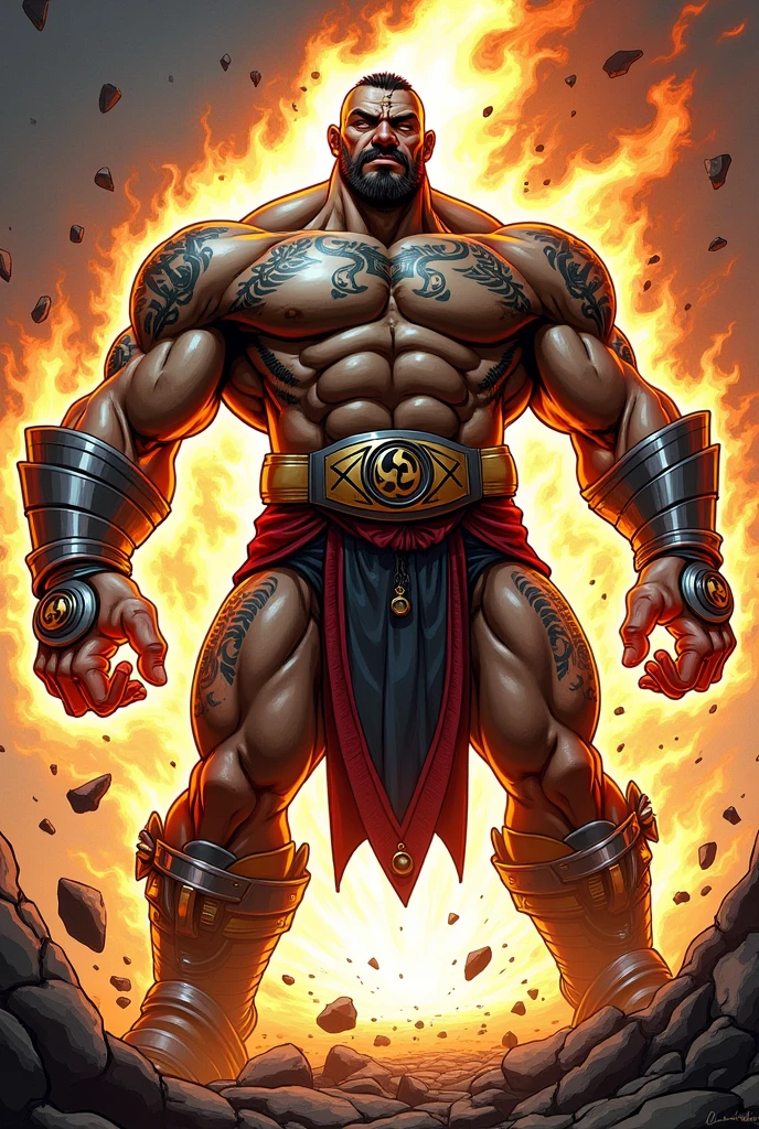 A comic book-style illustration of Cortex Brutus, the Energy Fanatic. He is depicted as a massive, muscular figure with a chiseled physique that exudes power. His skin has a slight metallic sheen, symbolizing his extreme resilience, and is adorned with tribal tattoos that glow with energy whenever he absorbs power. His face is strong and expressive, marked by a scar that runs across his nose and cheek. His eyes constantly emit a bright, energetic glow, reflecting his belief in his own superiority. His hands are large and powerful, capable of unleashing concentrated energy blasts, which he channels through metallic bracelets. Cortex Brutus wears an armor inspired by gladiators, crafted from a mix of metallic material and solidified energy, adorned with symbols that channel and amplify his power. The background should evoke a sense of raw energy and destruction, with cracks in the ground and bursts of light emanating from his presence, showcasing his immense strength and fanatical obsession with power.