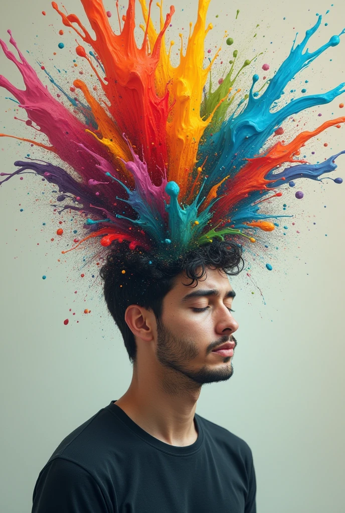 Make a picture of a man with his head exploding with various varieties of paint of various colors (in a creative and non-graphic way)