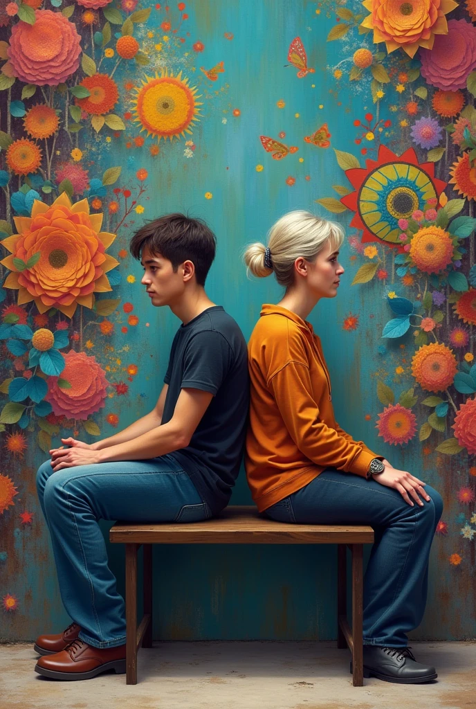 Confused young man and middle-aged woman sitting back to back (to the mural) on a bench in front of a mural (colorful)  