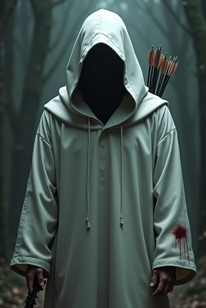 A person with a white hood, no part of his body is visible, the hood is white, He has a bow and on his back he has a bag to store arrows., The hood is a little bloody and has a more classic feel., like scream, to the saga 