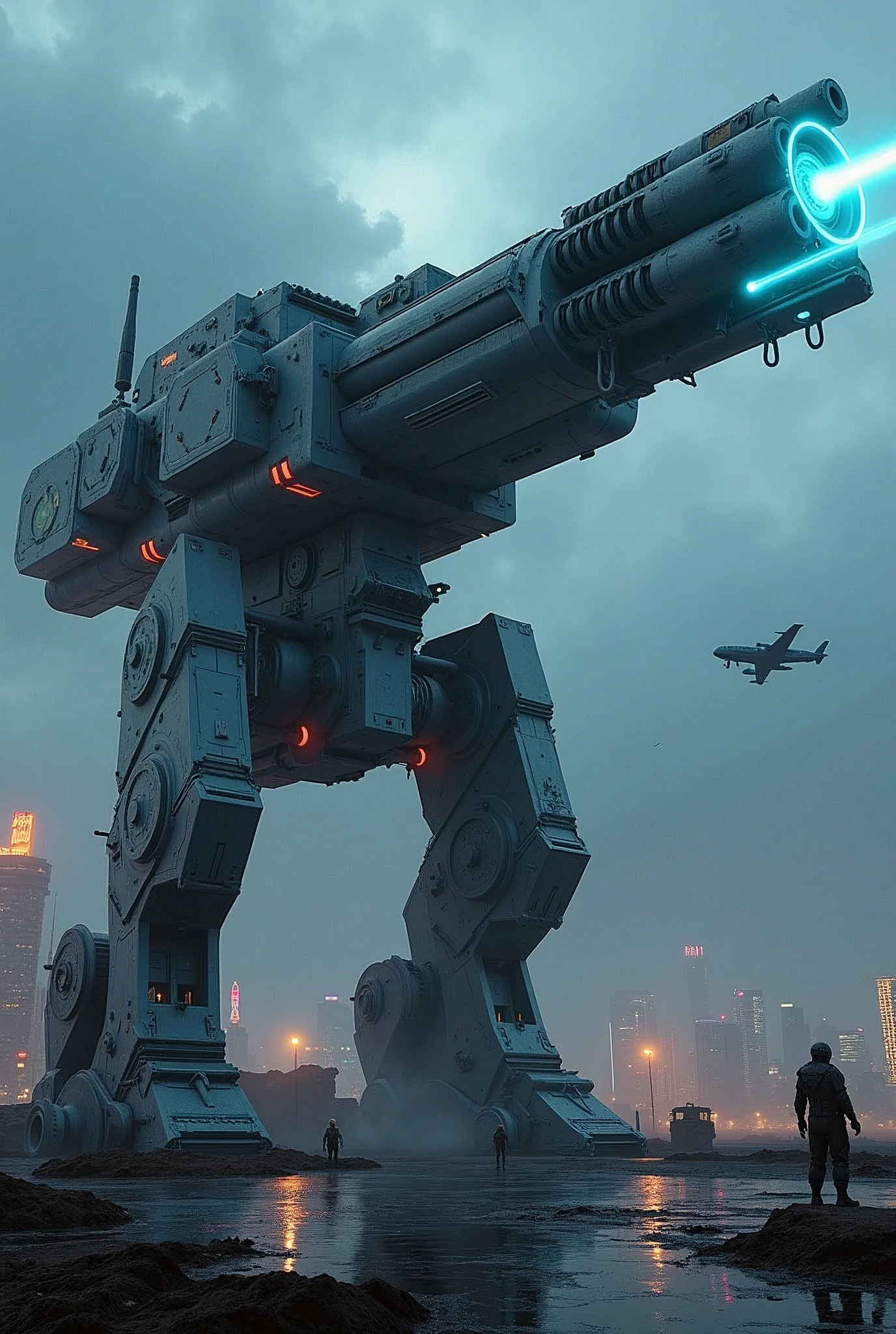 A massive anti-aircraft gun with futuristic, cyberpunk design, towering over a dark, dystopian cityscape. The gun is equipped with glowing neon lights, intricate mechanical details, and sharp, angular shapes that reflect cutting-edge technology. The barrel of the gun is enormous, with multiple rotating parts, energy coils, and a pulsating blue energy core that powers the weapon. The environment is a high-tech military base, with cybernetic soldiers and drones patrolling the area. The sky is filled with dark clouds, and the atmosphere is tense, with an ominous glow from the city lights below. The gun is aimed at the sky, ready to fire at incoming threats. The overall scene is dramatic, with a blend of cold, metallic tones and vibrant neon colors, creating a powerful and intimidating visual.