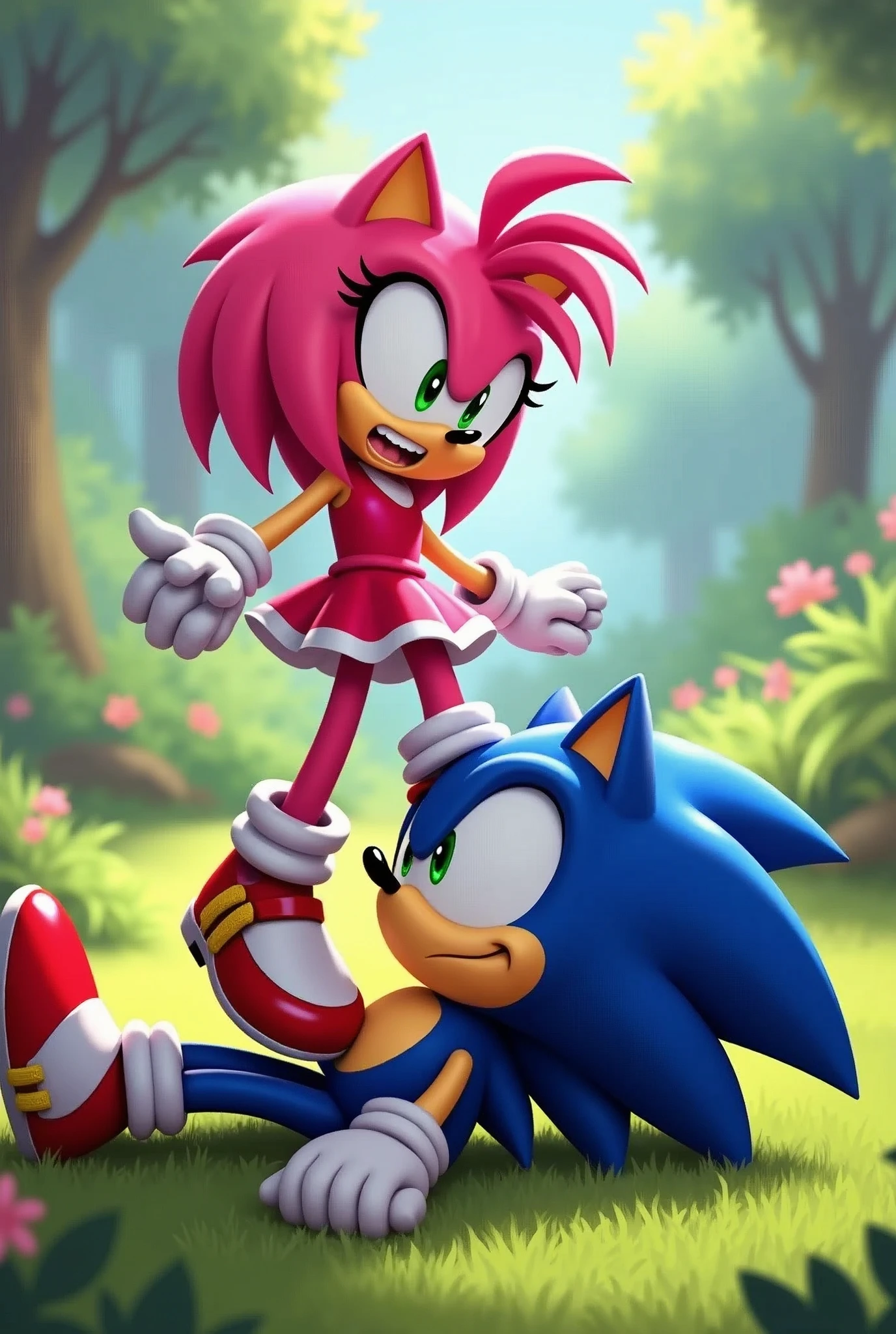 Amy Rose stepping on Sonic the Hedgehog&#39;s face