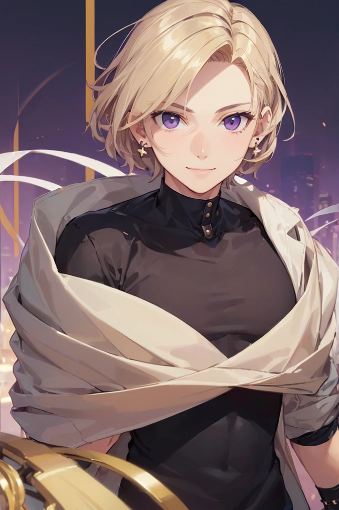 (((masterpiece; best quality: 1.2))), (finely detailed eyes: 1.3), ((1 young male man)), ((solo)), (purple eyes: 1.4), (body shape; lean, masculine, manly: 1.3), (very short blond hair: 1.3), (beautiful and clear background: 1.2), ((depth of field)), (equipment: beige jacket + black t-shirt + black watch + stud earrings: 1.3), (anime illustration: 1.2), (background composition; public park + day: 1.1), (extremely handsome: 1.1), (shot composition; standing + centered on face + bust close-up: 1.5), (facial expression; calm, smile: 1.2)