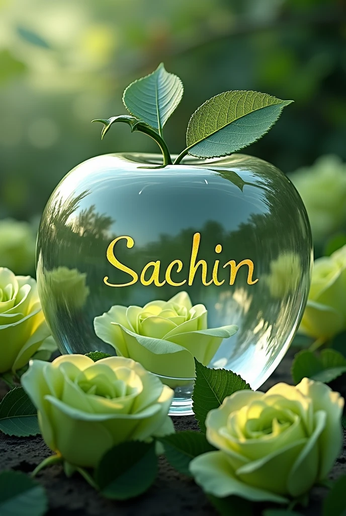 This is a transparent Apple shaped, it is made of glass with "Sachin" clearly written inside And surrounded by some green rose 