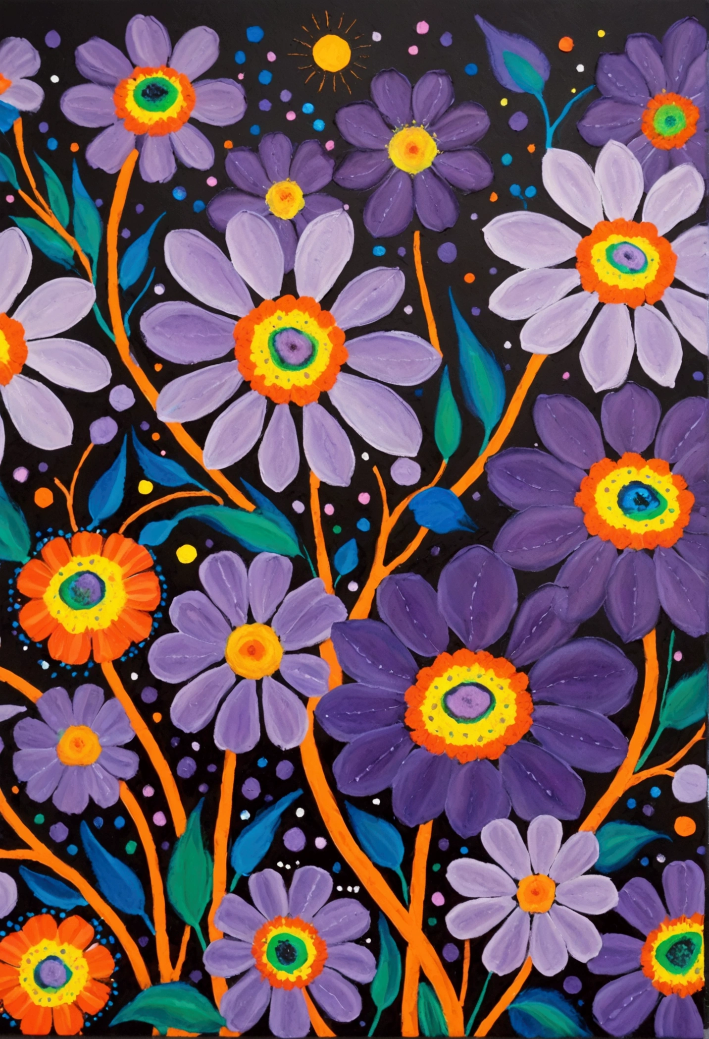 A painting，Inspired by Yayoi Kusama：(((Colorful black，Chalk painting，Oil stick painting，Volume，Thick coating，Uneven texture，Plaster texture，Graffiti，Dot)))。Colorful black，, Bright colors, Purple和, cute的, Bright colors，cute, Lavender Color and Color Schemes, 和Purple的配色方案,  Beautiful Art,  Purple, Whimsical Art, 和Purple色调,  Close together,, spring, Inspired by Tomokazu Matsuyama, Delightful