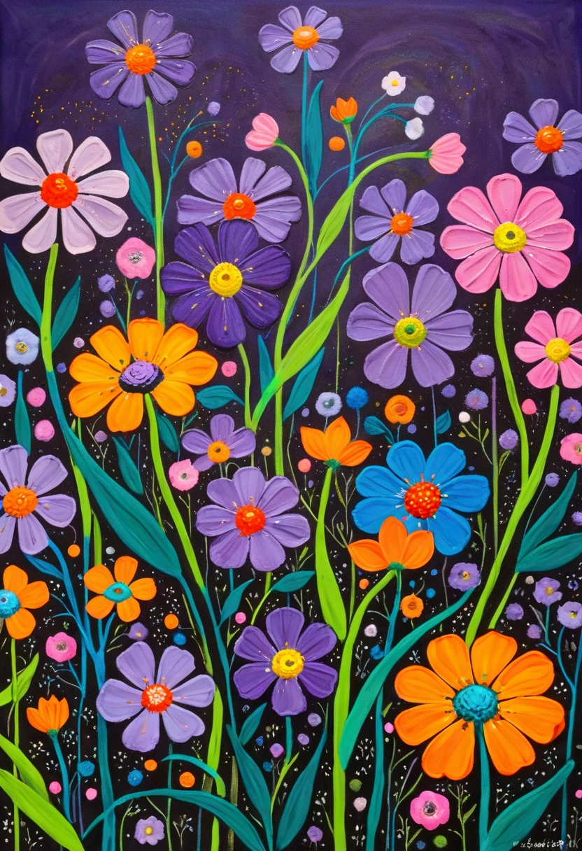 A painting，Inspired by Yayoi Kusama：(((Colorful black，Chalk painting，Oil stick painting，Volume，Thick coating，Uneven texture，Plaster texture，Graffiti，Dot)))。Colorful black，, Bright colors, Purple和, cute的, Bright colors，cute, Lavender Color and Color Schemes, 和Purple的配色方案,  Beautiful Art,  Purple, Whimsical Art, 和Purple色调,  Close together,, spring, Inspired by Tomokazu Matsuyama, Delightful