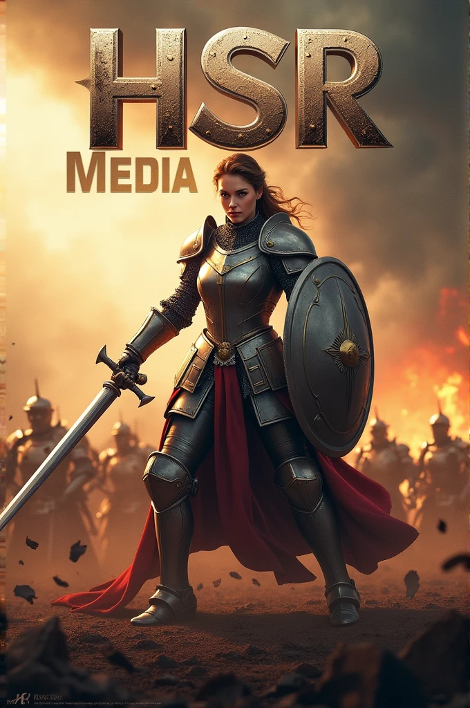 A movie poster depicting a female knight wielding a sword on a battlefield with the words "HSR MEDIA" written in large letters in the center,
