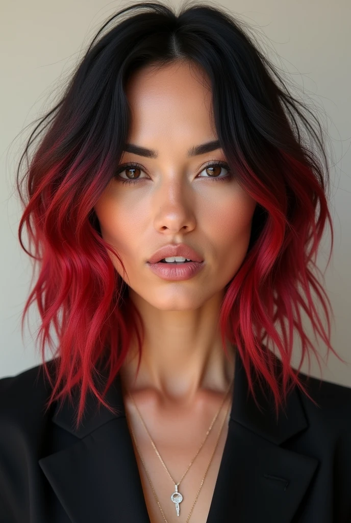 (photorealism:1.2), Lexa Doig, black and Red hair, pout, neutral facial expression, frontal view, standing streight, high resolution, highly detailled,