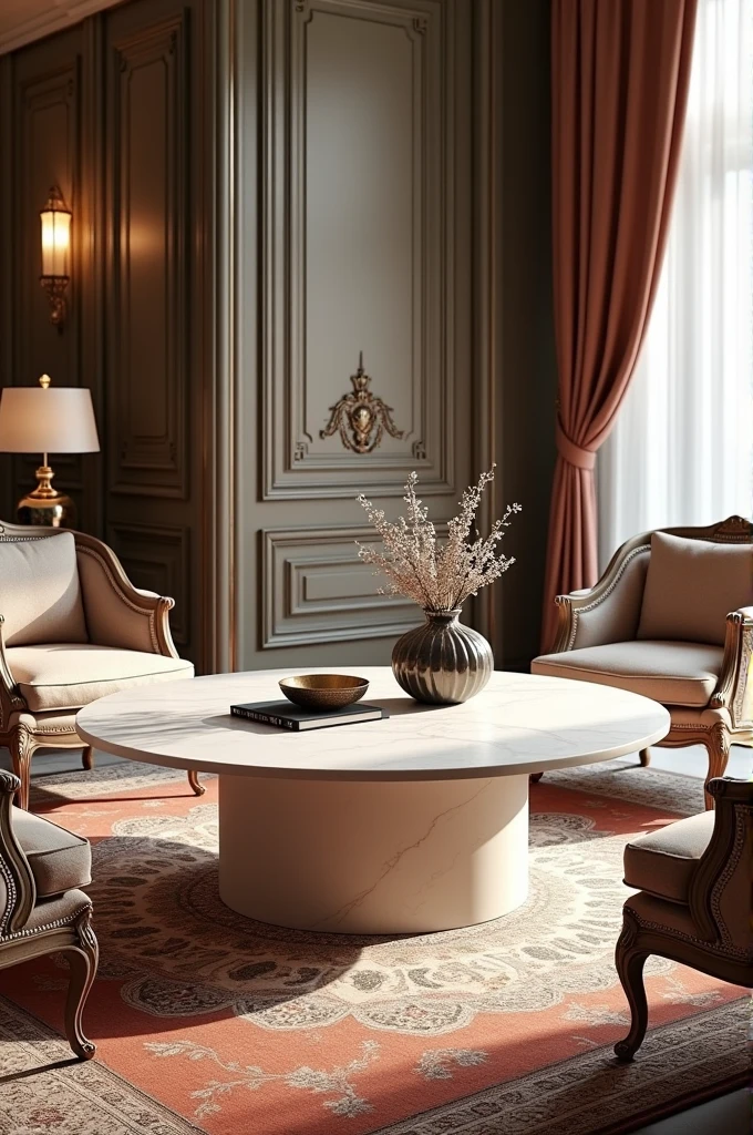 Professional 3d architecture rendering design of modern and gold French design for living room with elegant wooden and medium white marble slab stone middle table with elegant French chairs and silk Persian carpet and elegant curtains and clothes wall and showing complete