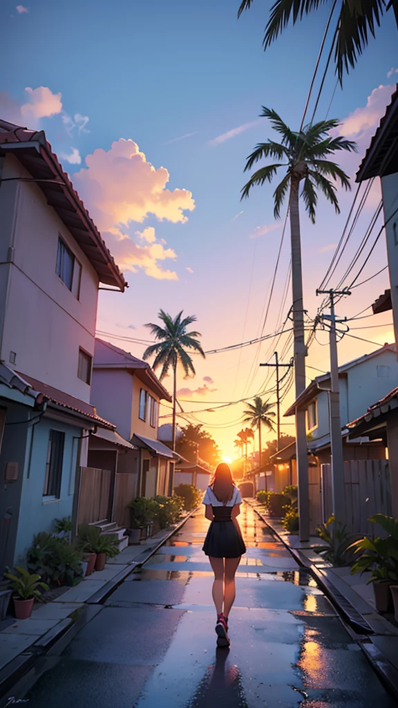 A Young Sexy Woman Standing On Road Digital illustration depicting a vibrant sunset scene in a tropical setting. The layout features a street lined with palm trees and small houses with tiled roofs on the left side. A classic red car is parked on the street, facing away from the viewer, with its license plate visible. The sky is ablaze with shades of orange, red, and purple, casting a warm glow over the entire scene. Power lines stretch across the sky, The overall atmosphere is serene and nostalgic, capturing the beauty of a tropical sunset. The artist's signature is present in the bottom right corner.