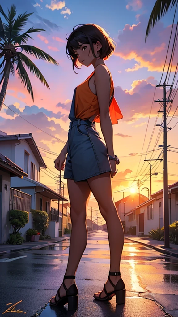 A Young Sexy Woman Standing On Road Digital illustration depicting a vibrant sunset scene in a tropical setting. The layout features a street lined with palm trees and small houses with tiled roofs on the left side. A classic red car is parked on the street, facing away from the viewer, with its license plate visible. The sky is ablaze with shades of orange, red, and purple, casting a warm glow over the entire scene. Power lines stretch across the sky, The overall atmosphere is serene and nostalgic, capturing the beauty of a tropical sunset. The artist's signature is present in the bottom right corner.