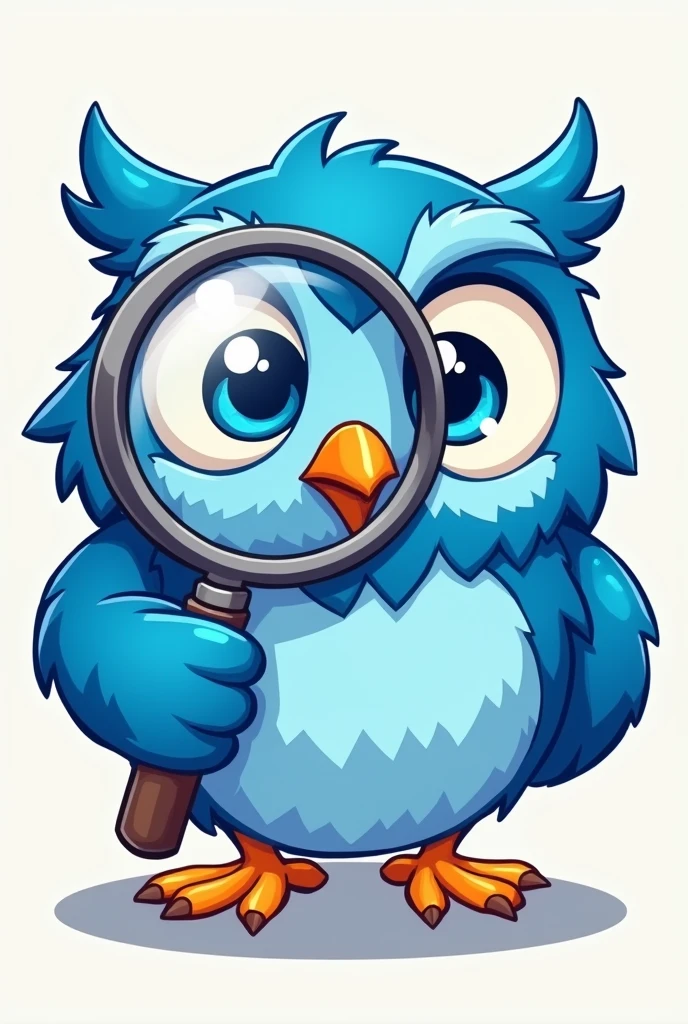 cartoon blue owl holding really big magnifyingn glass zoomed to the whole paper. one of the eye is inside the magnifying glass