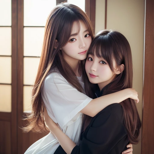 (Highest quality、4K、8k、High resolution、masterpiece:1.2)、Very detailed、(Real、Photorealistic、Photorealistic:1.37)、(japanese two girls)、 deepkiss and hugging 、(hair style:Random)、(hair color:Random)