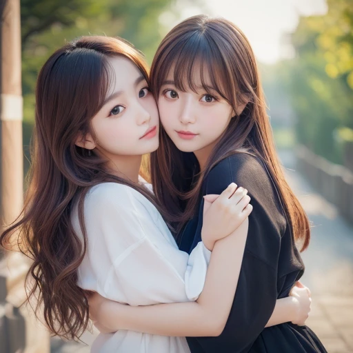 (Highest quality、4K、8k、High resolution、masterpiece:1.2)、Very detailed、(Real、Photorealistic、Photorealistic:1.37)、(japanese two girls)、 deepkiss and hugging 、(hair style:Random)、(hair color:Random)