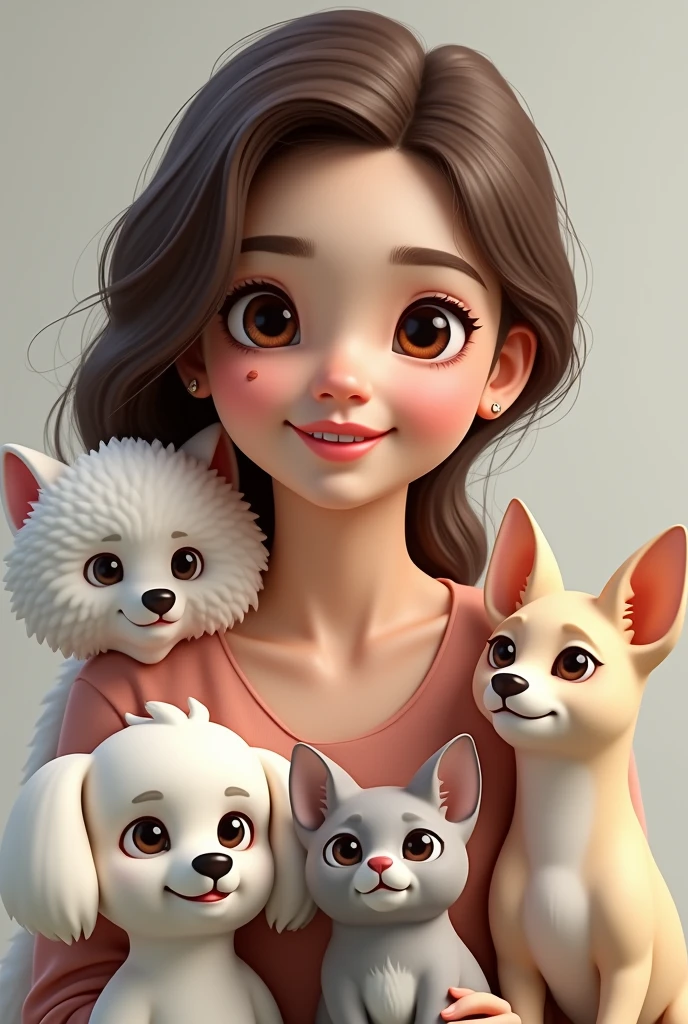 First put a 23 year old girl with brown wavy hair combed to one side, slightly broad forehead and large brown eyes, Medium mouth with the lower lip slightly larger than the upper lip, chubby with slightly pink cheeks and short neck, with a wide texture, a small mole on the left cheek; Second, put a white but flat poodle with ears that go from white to very light brown.; Third, put a light gray cat with white that goes from the eyes like a line and expands throughout the snout., with a pink nose and not so clear green eyes; Fourth, put a small, short-haired, white Chihuahua breed dog with only 1 eye with a brown circle around the eye 
