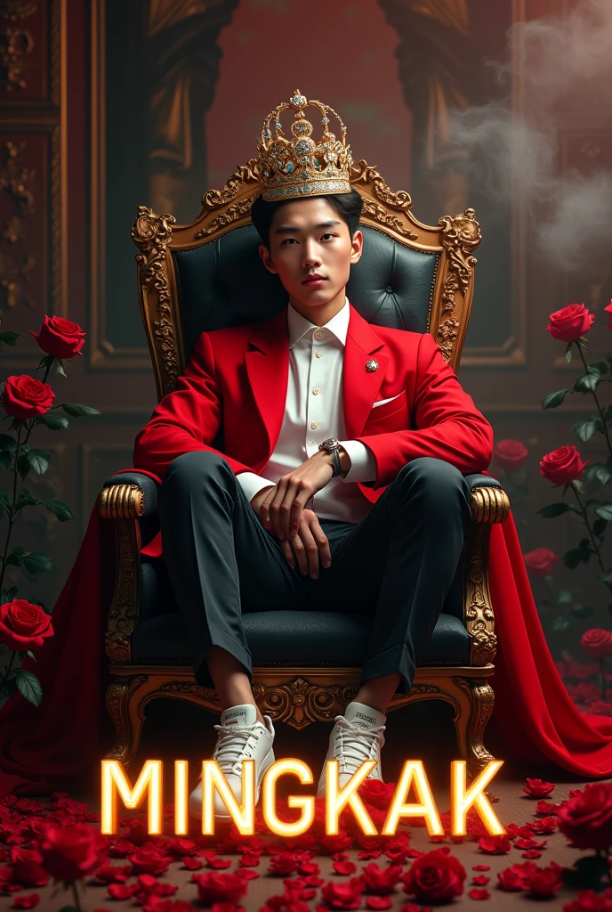 realistic photography of a handsome 20 year old korean young man, red jacket & White shirt, white shoes sitting on the throne. wearing the King&#39;s crown for the wedding with gold & diamond, 3d raised text background titled “MINGKAK” in gold neon typography and thin smoke. the background is scattered rubies, black red rose petals, sparkling & big black red rose surrounded by black red