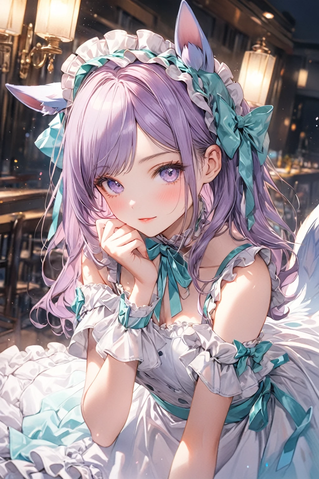 (8K, Highest quality, masterpiece:1.2),(Highest quality:1.0), (Ultra-high resolution:1.0), watercolor, 1girl,solo,(mejiro mcqueen \(umamusume\)),maid's outfit,cold shoulder, Very bright and luminous design, pastel colour, (ink:1.3),