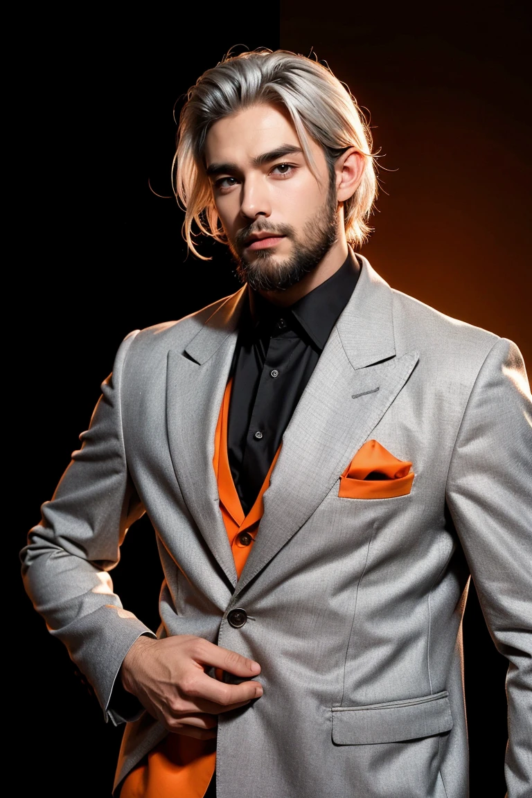 silver_hair,handsome male,beard,(orange blazer:1.2),black background,