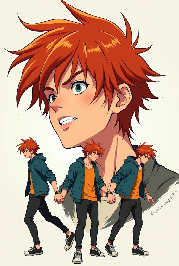 Young redhead 20 year old man in different anime style poses