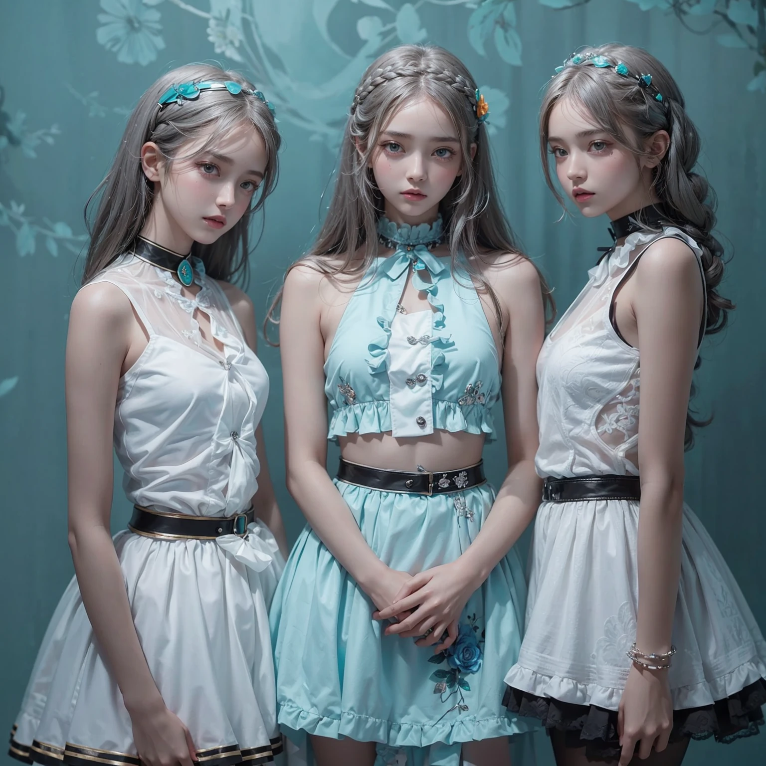 (White and vivid colors, Exposed:1.2, nipple:-0.9), (Acutance:0.8, (9 sexy junior idols in group photograph), ((face variations, Hair variations)), { Navel | pretty Ass | (Delicate lace knitted wear) | Flowers | (Colorful Light shines from Dazzling and delicate stained glass) }, (portrayed in the best quality and high resolution. The image should be ultra-detailed, realistic, and photorealistic with a touch of rawness). { under the mesmerizing back lighting | concept art | enhancing the overall visual impact }. Whole Body proportions and all limbs are anatomically accurate .